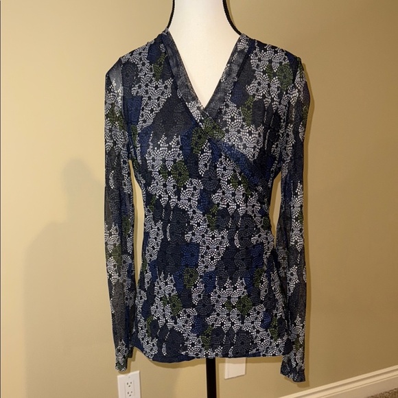 Tribal Blouse Sheer Blue Green White Cross Front Ruching Fitted Women’s Size M - Picture 1 of 11